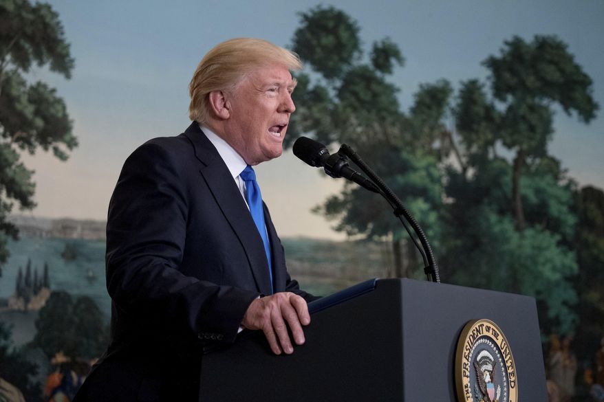 President Donald Trump speaks in the Diplomatic Room of the White House in Washington, Wednesday, June 14, 2017, about the shooting in Alexandria, Va. where House Majority Whip Steve Scalise of La., and others, where shot during a Congressional baseball practice. (AP Photo/Andrew Harnik)