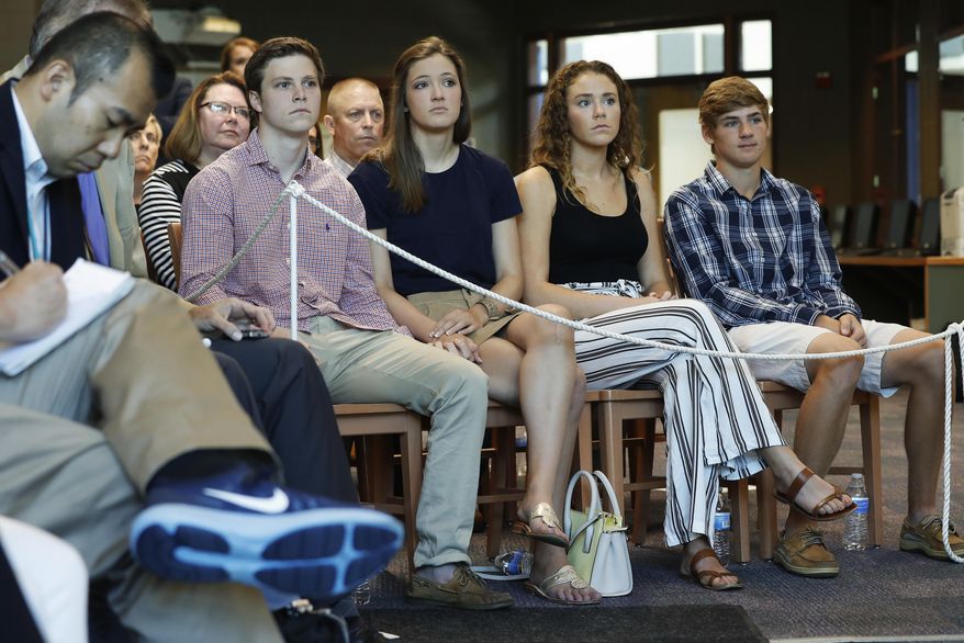 Friends and relatives gather to listen as Fred Warmbier, father of Otto Warmbier, a University of Virginia undergraduate student who was imprisoned in North Korea in March 2016, as he speaks during a news conference, Thursday, June 15, 2017, at Wyoming High School in Cincinnati. Otto Warmbier, serving a 15-year prison term for alleged anti-state acts, was released and medically evacuated Tuesday. (AP Photo/John Minchillo)