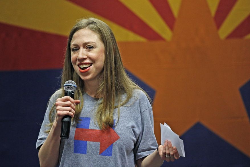 In this Oct. 19, 2016, file photo, Chelsea Clinton laughs as she talks to a crowd at Arizona State University about her years in the White House as a kid while campaigning for her mother, Democratic presidential candidate Hillary Clinton, in Tempe, Ariz. (AP Photo/Ross D. Franklin, File)