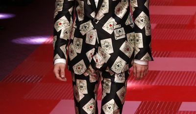 A model wears a creations from Dolce&amp;amp;Gabbana&#39;s men&#39;s Spring-Summer 2018 collection, presented in Milan, Italy, Saturday, June 17, 2017. (AP Photo/Antonio Calanni)