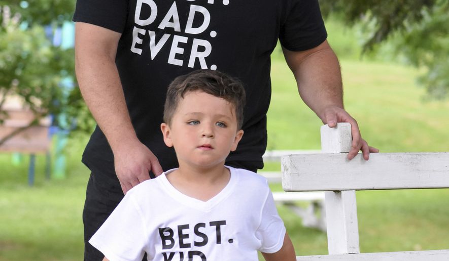 Roman Bellis, 4, and his dad, Dana Bellis, Millersburg, Pa., wear &quot;Best. Dad. Ever.&quot; and &quot;Best. Kid. Ever.&quot; shirts at the 67th annual Father&#39;s Day Breakfast at Valley View Park in Valley View, Pa., Sunday, June 18, 2017. The breakfast is sponsored by the St. Andrew&#39;s United Methodist Church&#39;s men&#39;s Bible class. (Jacqueline Dormer/Republican-Herald via AP)
