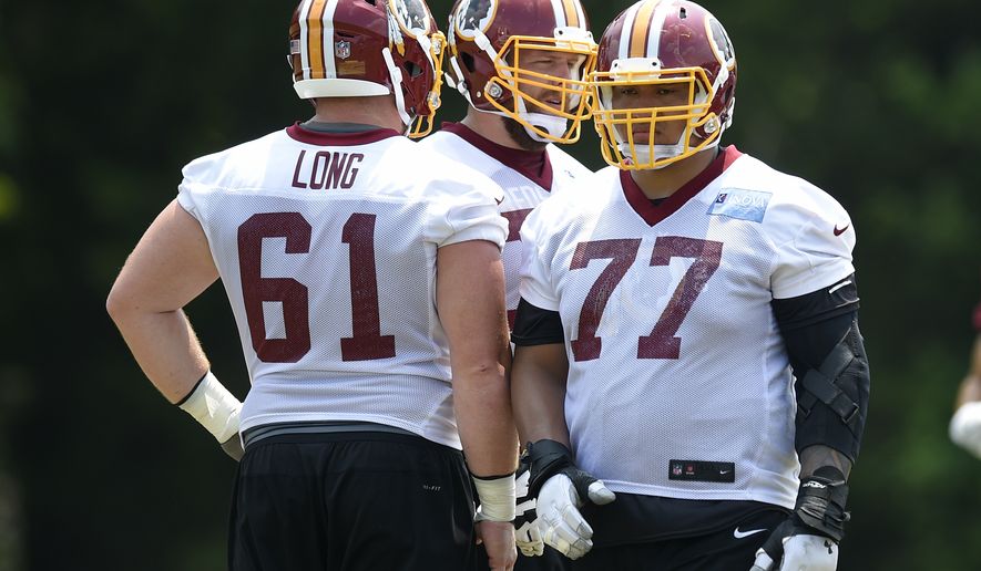 Washington Redskins guard Shawn Lauvao (77) looks on next to center Spencer Long (61) during an NFL football team practice, Wednesday, June 14, 2017, in Ashburn, Va. (AP Photo/Nick Wass)