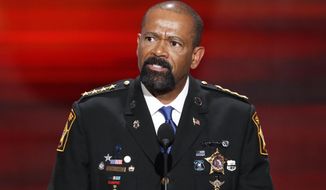 In this July 18, 2016, file photo, Milwaukee County, Wis. Sheriff David Clarke speaks at the Republican National Convention in Cleveland. (AP Photo/J. Scott Applewhite, File)