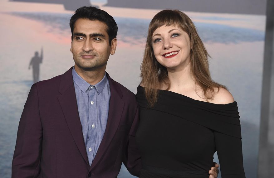 FILE - In this March 8, 2017 file photo, Kumail Nanjiani, left, and his wife Emily Gordon arrive at the Los Angeles premiere of "Kong: Skull Island." Nanjiani and Gordon wrote the film, “The Big Sick,” which chronicles their relationship from the start, when the Pakistan-born Nanjiani was trying to make it as a stand-up in Chicago. (Photo by Jordan Strauss/Invision/AP, File)