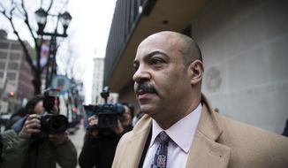 FILE - Int his Tuesday, March 28, 2017, file photo, Philadelphia District Attorney Seth Williams departs after a preliminary hearing in his bribery and extortion case at the federal courthouse in Philadelphia. Williams, the city&#39;s top prosecutor accused of taking bribes in exchange for legal favors, is set to go on trial on corruption charges. Jury selection gets underway on Monday, June 19, in federal court in Philadelphia. (AP Photo/Matt Rourke, File)