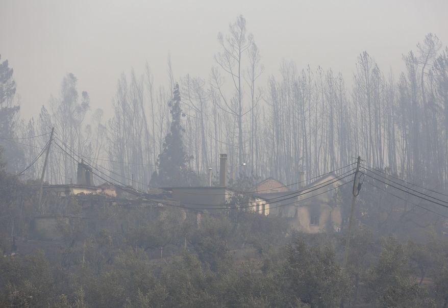 Burnt houses stand on a hill in the village of Figueira, near Pedrogao Grande, central Portugal, Monday, June 19 2017. More than 2,000 firefighters in Portugal battled Monday to contain major wildfires in the central region of the country, where one blaze killed 62 people, while authorities came under mounting criticism for not doing more to prevent the tragedy. (AP Photo/Armando Franca)