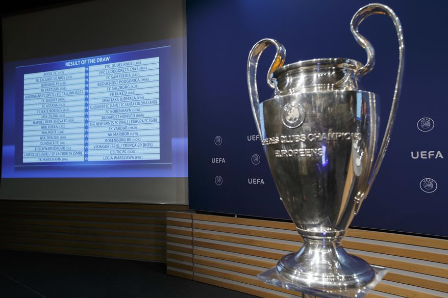An electronic panel shows the matches after the drawing of the games for the Champions League 2017/18 First and Second qualifying round, at the UEFA headquarters in Nyon, Switzerland, Monday, June 19, 2017. (Salvatore Di Nolfi/Keystone via AP)