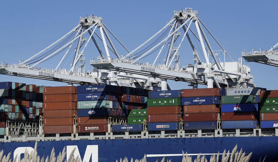 In this Wednesday, Oct. 26, 2016, file photo, a container ship waits to be unloaded at the Port of Oakland, as seen from Alameda, Calif. On Tuesday, June 20, 2017, the Commerce Department reports on the U.S. current account trade deficit for the January-March quarter. The current account is the broadest trade measure, covering goods, services and investment flows. (AP Photo/Ben Margot)