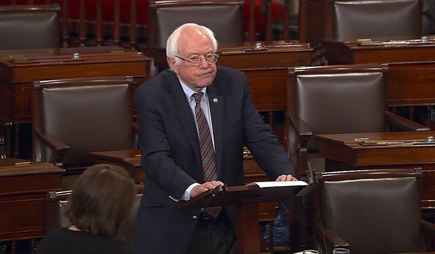 In this image from Senate Television video, Sen. Bernie Sanders, I-Vt., pauses as he speaks Wednesday, June 14, 2017, on the Senate floor at the Capitol in Washington, about the shooting at the Republican congressional baseball practice.  (Senate Television via AP) **FILE**
