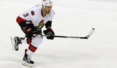 FILE - In this March 31, 2016, file photo, Ottawa Senators&#39; Marc Methot plays against the Minnesota Wild in the first period of an NHL hockey game, in St. Paul, Minn. The Golden Knights could land Methot in their expansion draft on Wednesday, June 22.(AP Photo/Jim Mone, File)