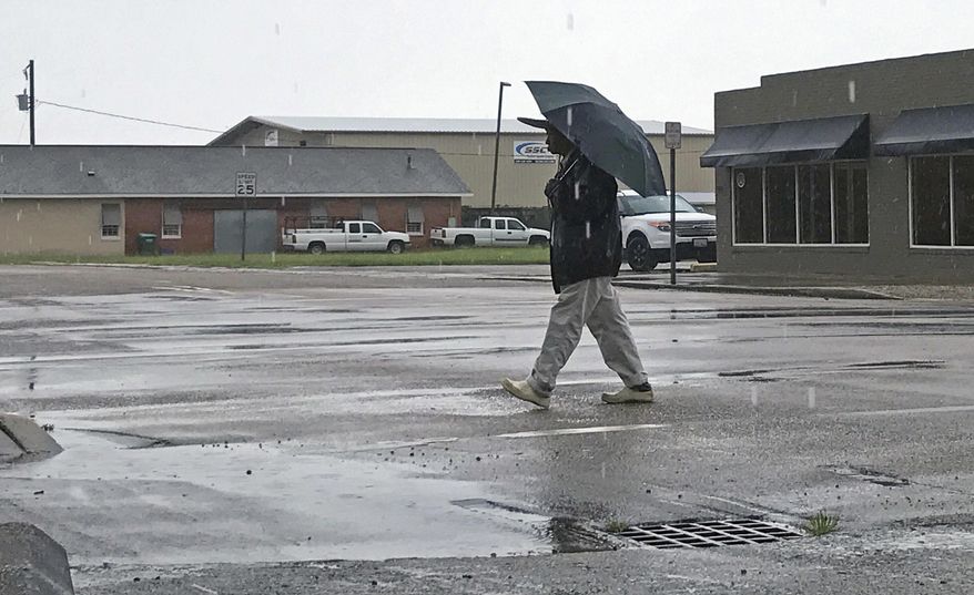 A pedestrian keeps himself dry as he crosses Howard Avenue in the rain in Biloxi, Miss., Tuesday, June 20, 2017. (John Fitzhugh/The Sun Herald via AP)