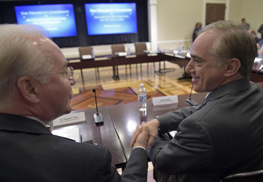 Health and Human Services Secretary Tom Price, left, shakes hands with Veterans Affairs Secretary David Shulkin before the start of a meeting of the President's Commission on Combating Drug Addiction and the Opioid Crisis, Friday, June 16, 2017, in the Eisenhower Executive Office Building at the White House complex in Washington. (AP Photo/Susan Walsh)