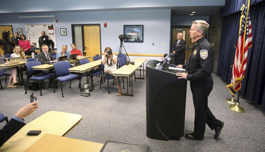 Sandy Police Chief Kevin Thacker speaks to reporters during a news conference Tuesday, June 20, 2017, in Sandy, Utah. Thacker, a suburban Salt Lake City police chief addressed questions raised about how his department handled a stalking report made by a woman three days before her ex-boyfriend killed her and her son in an attack that also injured two children. (AP Photo/Rick Bowmer)