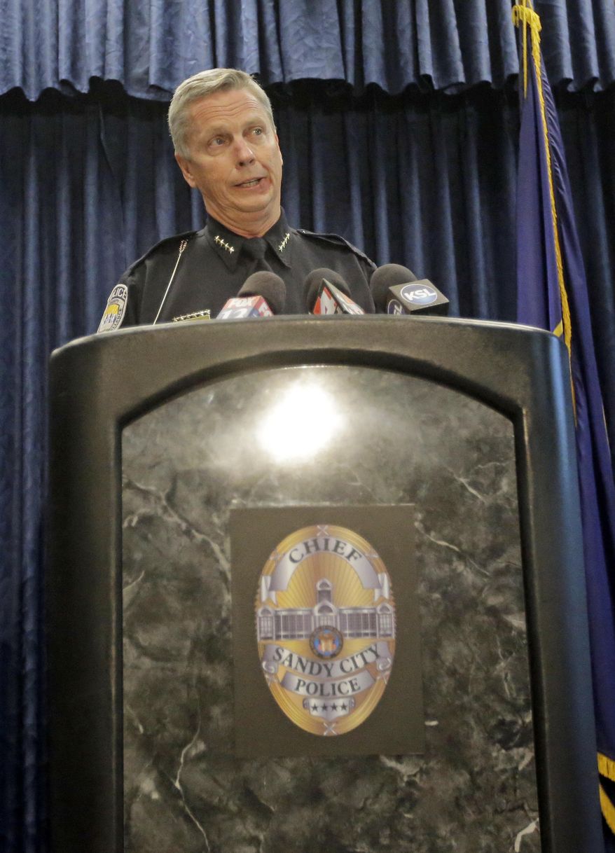 Sandy Police Chief Kevin Thacker speaks to reporters during a news conference Tuesday, June 20, 2017, in Sandy, Utah. Thacker, a suburban Salt Lake City police chief addressed questions raised about how his department handled a stalking report made by a woman three days before her ex-boyfriend killed her and her son in an attack that also injured two children. (AP Photo/Rick Bowmer)