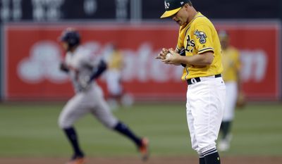 Oakland Athletics pitcher Sonny Gray, right, waits for Houston Astros&#x27; George Springer to run the bases after Springer hit a home run during the first inning of a baseball game Tuesday, June 20, 2017, in Oakland, Calif. (AP Photo/Ben Margot)