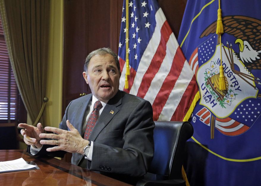 FILE - In this March 7, 2017, file photo, Utah Gov. Gary Herbert speaks during a news conference at the state Capitol in Salt Lake City. Utah lawmakers who passed the strictest DUI threshold in the country got an earful Wednesday, June 21, from restaurant and tourism groups who oppose the 0.05 percent blood alcohol limit and say it will hurt the state's hospitality industry. Herbert says he signed the bill because he believes it will save lives, but he wants lawmakers to study whether it has any unintended consequences. (AP Photo/Rick Bowmer, File)