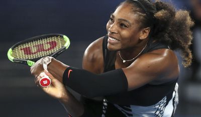 FILE - In this Saturday, Jan. 28, 2017 file photo, United States&#39; Serena Williams makes a backhand return to her sister Venus during the women&#39;s singles final at the Australian Open tennis championships in Melbourne, Australia. Olympic swimmer Michael Phelps and Oklahoma City Thunder star Russell Westbrook are among the finalists for best male athlete at the ESPY Awards. Tennis star Serena Williams and gymnast Simone Biles are two of the finalists for best female athlete. (AP Photo/Aaron Favila, File)