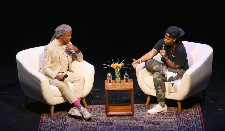 Film critic Elvis Mitchell (left) and screenwriter Lena Waithe speak onstage at Diversity Speaks during the 2017 Los Angeles Film Festival at Kirk Douglas Theatre on June 17, 2017 in Culver City, California. (Photo by Phillip Faraone/Getty Images)