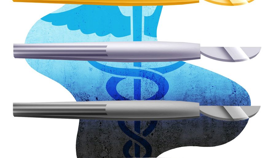 Illustration on the decline of medical care quality by Alexander Hunter/The Washington Times