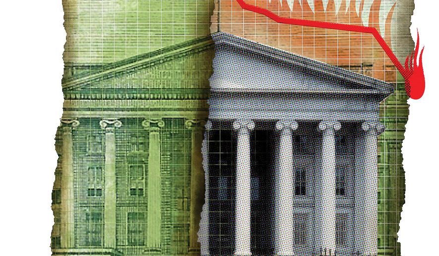 Illustration on the devaluation of U.S. bonds by Linas Garsys/The Washington Times