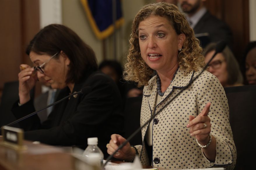 House Budget Committee  member Rep. Debbie Wasserman Schultz, D-Fla., questions Budget Director Mick Mulvaney on Capitol Hill in Washington, Wednesday, May 24, 2017, during the committee&#39;s hearing on President Donald Trump&#39;s fiscal 2018 federal budget. Fellow committee member Rep. Susan DelBene, D-Wash. is at left. (AP Photo/Jacquelyn Martin) ** FILE **
