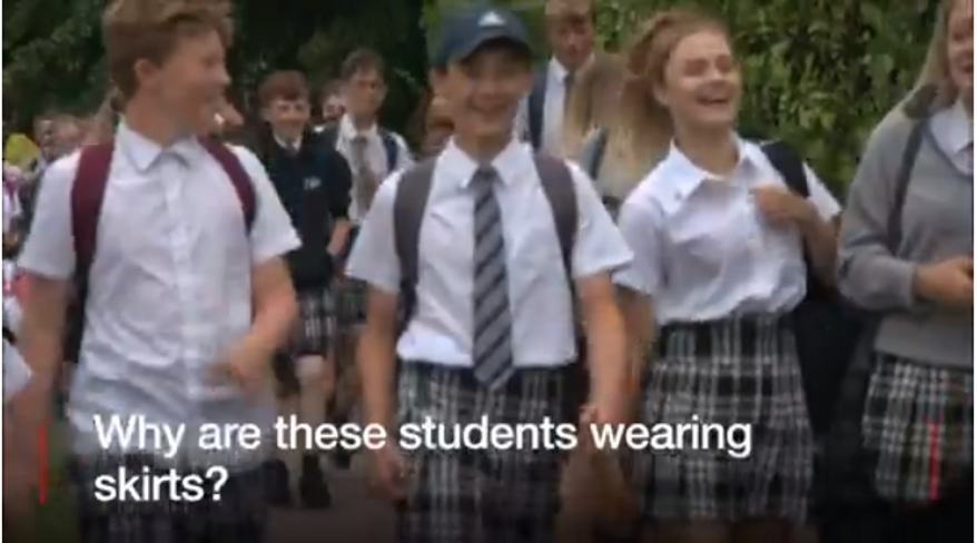 Screen capture from a BBC story about schoolboys in Exeter, England, wearing skirts to school to protest a policy forbidding them from wearing shorts.