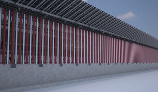 This image provided by Gleason Partners LLC shows a rendering of the side of a border wall concept that faces the U.S. that incorporates solar panels into the design. President Donald Trump wants to add solar panels to his long-promised southern border wall — a plan he says would help pay for the wall&#39;s construction and add to its aesthetic appeal. (Associated Press)