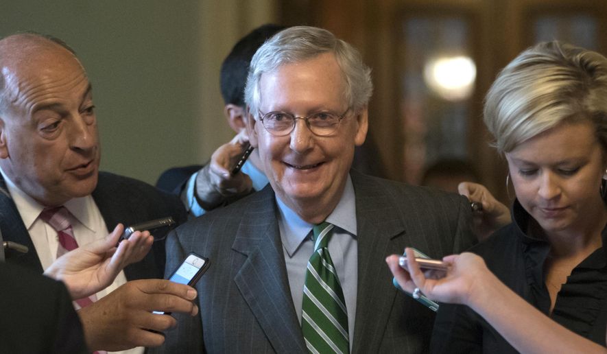 Senate Majority leader Mitch McConnell smiles as he leaves the chamber after announcing the release of the Republicans&#x27; healthcare bill which represents the party&#x27;s long-awaited attempt to scuttle much of President Barack Obama&#x27;s Affordable Care Act, at the Capitol in Washington, Thursday, June 22, 2017. The measure represents the Senate GOP&#x27;s effort to achieve a top tier priority for President Donald Trump and virtually all Republican members of Congress. (AP Photo/J. Scott Applewhite)