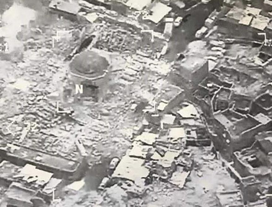 This image provided by U.S. CENTCOM shows al-Nuri mosque destroyed by the Islamic State group, in Mosul, Iraq, Wednesday, June 21, 2017. The Islamic State group destroyed the mosque and its iconic leaning minaret known as al-Hadba when fighters detonated explosives inside the structures Wednesday night, Iraq&#39;s Ministry of Defense said. Iraqi Prime Minister Haider al-Abadi tweeted early Thursday, June 22, 2017 that the destruction was an admission by the militants that they are losing the fight for Iraq&#39;s second-largest city. (U.S. CENTCOM via AP)