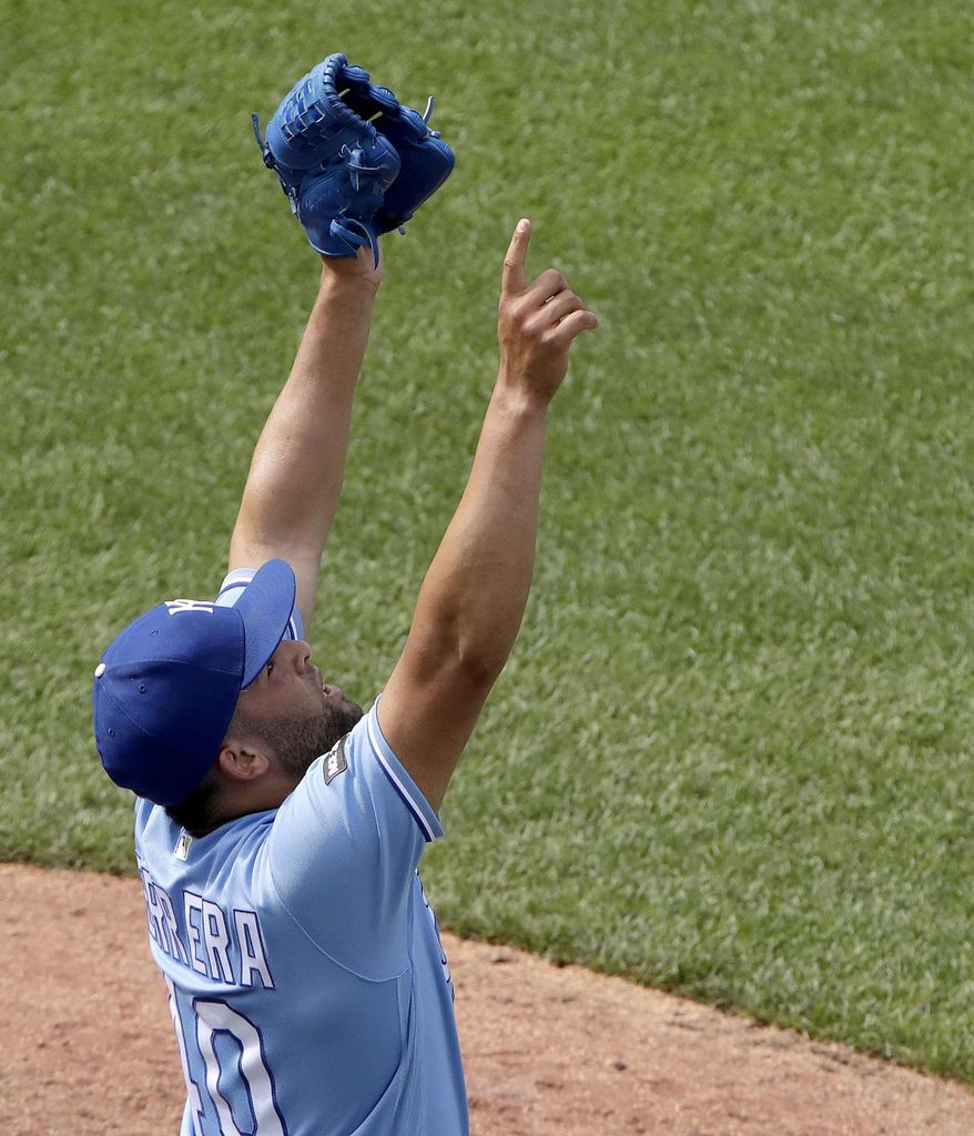 Kansas City Royals relief pitcher Kelvin Herrera celebrates after getting the final out of the team's baseball game against the Boston Red Sox on Wednesday, June 21, 2017, in Kansas City, Mo. The Royals won 6-4. (AP Photo/Charlie Riedel)