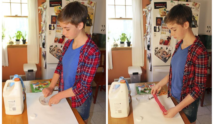 In this June 21, 2017 combination photo, Astrid Rubens makes homemade slime in her kitchen in St. Paul, Minn. Glue, baking soda and contact lens solution are all it takes to make satisfyingly stretchy slime. (AP Photos/Jeff Baenen)