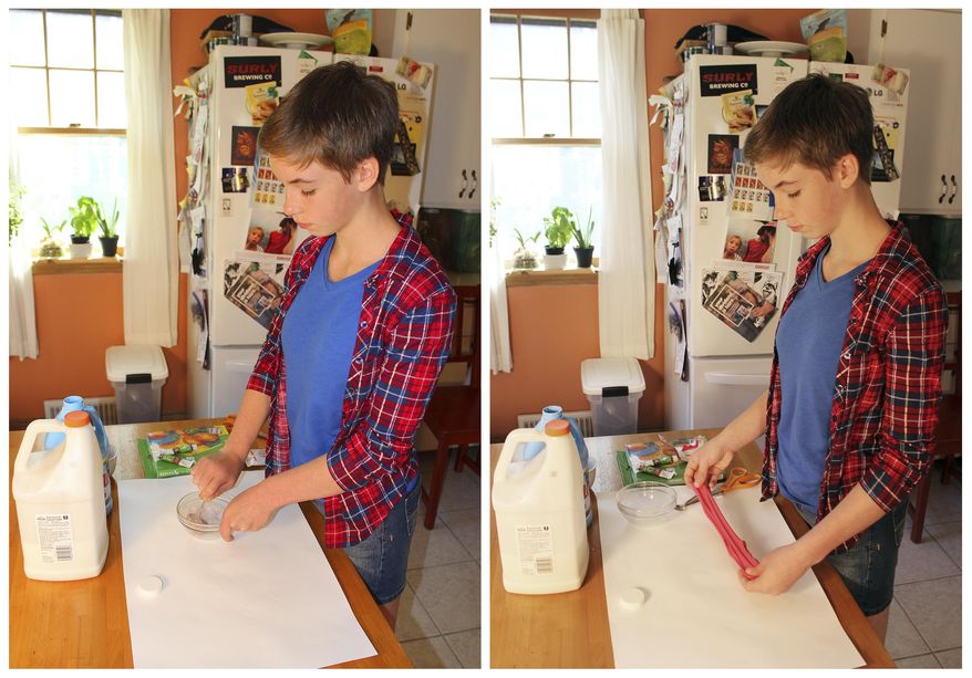 In this June 21, 2017 combination photo, Astrid Rubens makes homemade slime in her kitchen in St. Paul, Minn. Glue, baking soda and contact lens solution are all it takes to make satisfyingly stretchy slime. (AP Photos/Jeff Baenen)