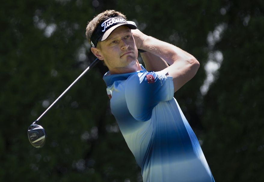 Brett Stegmaier tees off on the ninth hole during the first round of the Travelers Championship golf tournament Thursday, June 22, 2017, in Cromwell, Conn. (Brad Horrigan/Hartford Courant via AP)