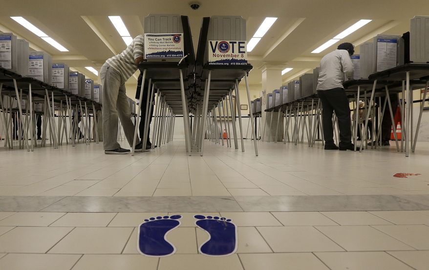 Voters cast ballots at City Hall in San Francisco, Tuesday, Nov. 8, 2016. (AP Photo/Jeff Chiu)