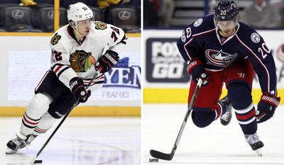 FILE - At left, in an Oct. 14, 2016, file photo, Chicago Blackhawks left wing Artemi Panarin (72), of Russia, plays against the Nashville Predators during the second period of an NHL hockey game, in Nashville, Tenn. At right, in a Jan. 17, 2017, file photo, Columbus Blue Jackets forward Brandon Saad works against the Carolina Hurricanes during an NHL hockey game in Columbus, Ohio. The Blackhawks have re-acquired forward Brandon Saad in a trade with the Columbus Blue Jackets, parting with top young forward Artemi Panarin to complete the blockbuster deal.(AP Photo/File)