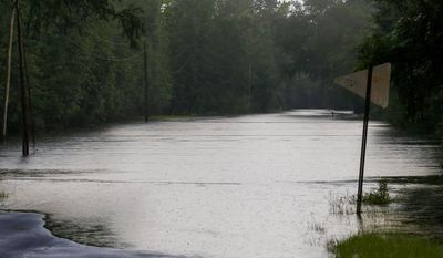 CORRECTS STATE FROM ALABAMA TO MISSISSIPPI - The Pascagoula River floods roads as tropical storm Cindy drops heavy rains, Saturday, June 24, 2017, in Merrill, Miss.  Flash flood watches are in effect until early Saturday in north central Tennessee, all of Kentucky and most of West Virginia as the remnants of a tropical storm head deeper inland. Others are in effect in the Mississippi and Ohio valleys. (AP Photo/Butch Dill)