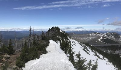 In this June 20, 2017, photo provided by Anya Sellsted shows a snow covered section of the Pacific Crest Trail, near Sisters, Oregon. Sellsted had traversed the highest snow-covered passes and forded raging rivers during her hike from Mexico to Canada when she ran into trouble in the high Sierra Nevada mountains. While crossing a log over a rushing creek in Yosemite National Park, the Seattle woman fell in the deep water and was gasping for air as the weight of her backpack pushed her under. She is among a growing number of hikers who have posted dramatic accounts of saving their own skin after close calls on the Pacific Crest Trail, thanks to melting snow that have swelled creeks and rivers. (Anya Sellsted via AP)