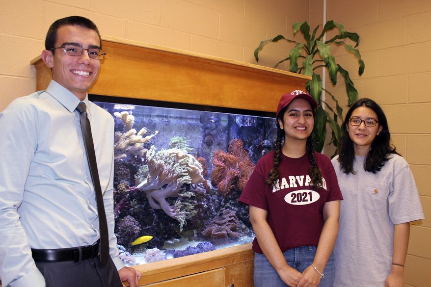 In this photo taken Thursday, June 15, 2017, in Brentwood, N.Y., high school valedictorians Michael Simoes, left, Reeda Iqbal, center, and co-salutatorian Saray Vazquez pose at the high school. The students are graduating after a year that saw several gang killings in their Long Island community, including five victims who attended Brentwood High School. (AP Photo/Frank Eltman)