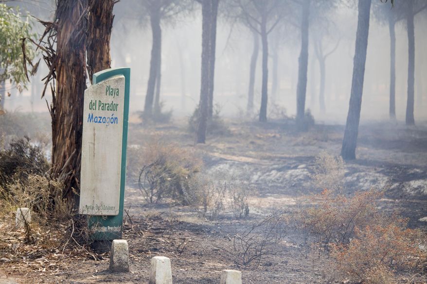 A sign indicating the beach for the Parador Hotel sits in a burned out area after a forest fire near Mazagon in southern Spain, Sunday June 25, 2017. A forest fire in southern Spain has forced the evacuation of about 1,000 people and is threatening Donana National Park, one of Spain&#39;s most important nature reserves and a UNESCO World Heritage site since 1994, and famous for its biodiversity, authorities said Sunday. (AP Photo/Alberto Diaz)