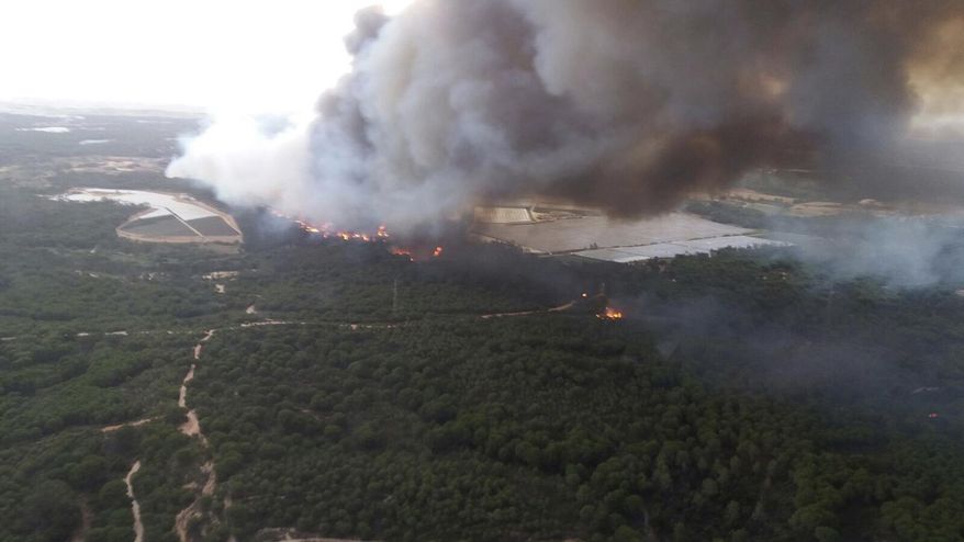 In this image supplied by INFOCA and taken Saturday June 24, 2017, a forest fire blazes in the Moguer area in southern Spain. A forest fire in southern Spain has forced the evacuation of 1,000 people and is threatening Donana National Park, one of Spain&#x27;s most important nature reserves and a UNESCO World Heritage site since 1994, and famous for its biodiversity, authorities said Sunday. (INFOCA via AP)