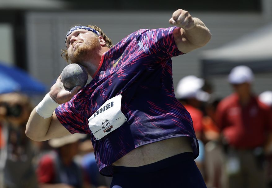 Ryan Crouser competes in the men's shot put at the U.S. Track and Field Championships, Sunday, June 25, 2017, in Sacramento, Calif. Crouser won the event. (AP Photo/Rich Pedroncelli)