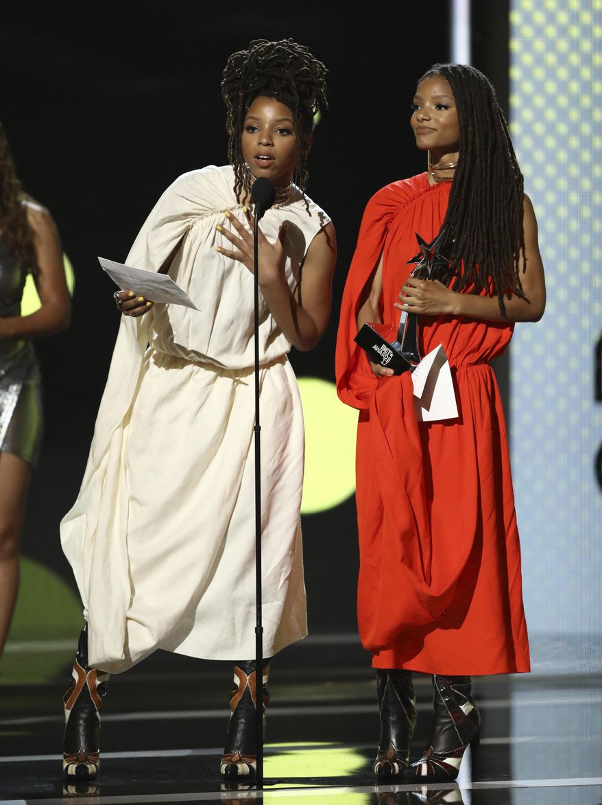 Chloe Bailey, left, and Halle Bailey accept the Viewer's Choice award on the behalf of Beyonce at the BET Awards at the Microsoft Theater on Sunday, June 25, 2017, in Los Angeles. (Photo by Matt Sayles/Invision/AP)