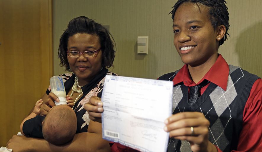 Brittni Rogers (right) stands with her partner Brittani Henry, as Rogers holds a birth certificate for their daughter that has both of their names on it in Cincinnati on Aug. 6, 2014. The couple are plaintiffs in the Ohio gay marriage case heard Wednesday in Cincinnati. A three judge panel of the 6th U.S. Circuit Court of Appeals heard arguments in six gay marriage fights from four states, Kentucky, Michigan, Ohio and Tennessee. (Associated Press) **FILE**