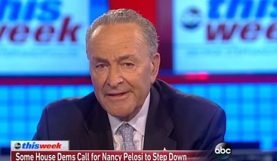 Senate Minority Leader Chuck Schumer appeared on ABC&#x27;s &quot;This Week&quot; on June 25, 2017, and said calls for House Minority Leader Nancy Pelosi to step down are a case of trying to &quot;blame the leader&quot; for the party&#x27;s struggles. (ABC &quot;This Week&quot; screenshot)