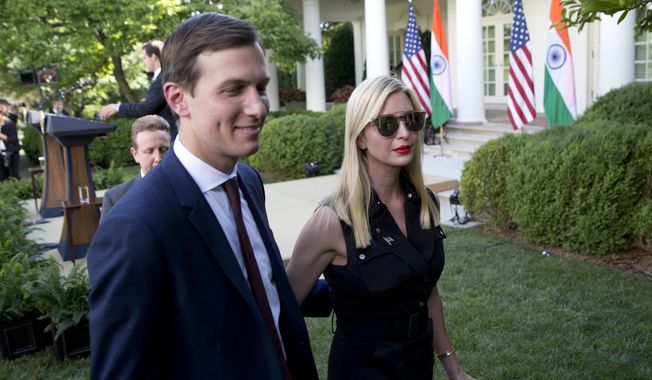 White House Senior Adviser Jared Kushner, and his wife Ivanka Trump, the daughter and assistant to President Donald Trump, depart after President Donald Trump and Indian Prime Minister Narendra Modi spoke in the Rose Garden at the White House, Monday, June 26, 2017, in Washington. (AP Photo/Alex Brandon)