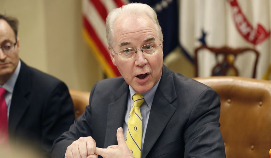 In this June 21, 2017, file photo, Health and Human Services Secretary Tom Price speaks during a listening session in the Roosevelt Room of the White House, in Washington. (AP Photo/Alex Brandon, File)