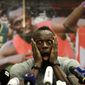 Jamaica&#39;s sprinter Usain Bolt grimaces during a press conference prior Golden Spike Athletic meeting in Ostrava, Czech Republic, Monday, June 26, 2017. Bolt will compete in the 100 meters at the Golden Spike on Wednesday, June 28, 2017. (AP Photo/Petr David Josek)