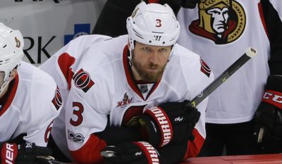FILE- This May 15, 2017 file photo shows Ottawa Senators&#x27; Marc Methot (3) watching from the bench during the third period of Game 2 of the Eastern Conference final in the NHL hockey Stanley Cup playoffs against the Pittsburgh Penguins in Pittsburgh. The Dallas Stars have acquired Methot in a trade with the Vegas Golden Knights. The teams announced the deal Monday, June 26, 2017 less than a week since the Golden Knights took Methot in the expansion draft from the Ottawa Senators. (AP Photo/Gene J.Puskar)