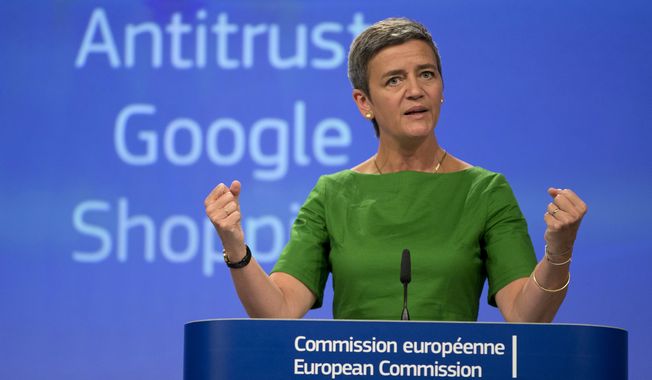 European Union Commissioner for Competition Margrethe Vestager said Google &quot;denied other companies the chance to compete on the merits and to innovate. Most importantly, it denied European consumers a genuine choice of services and the full benefits of innovation.&quot; (Associated Press)