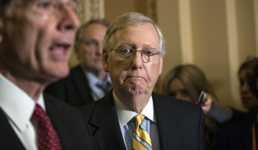 &quot;It&#39;s a complicated subject,&quot; Senate Majority Leader Mitch McConnell, Kentucky Republican, told reporters Tuesday about delaying a vote on his plan to repeal and replace the Affordable Care Act of 2010. He was joined by Sen. John Barrasso (left), Wyoming Republican. (Associated Press)